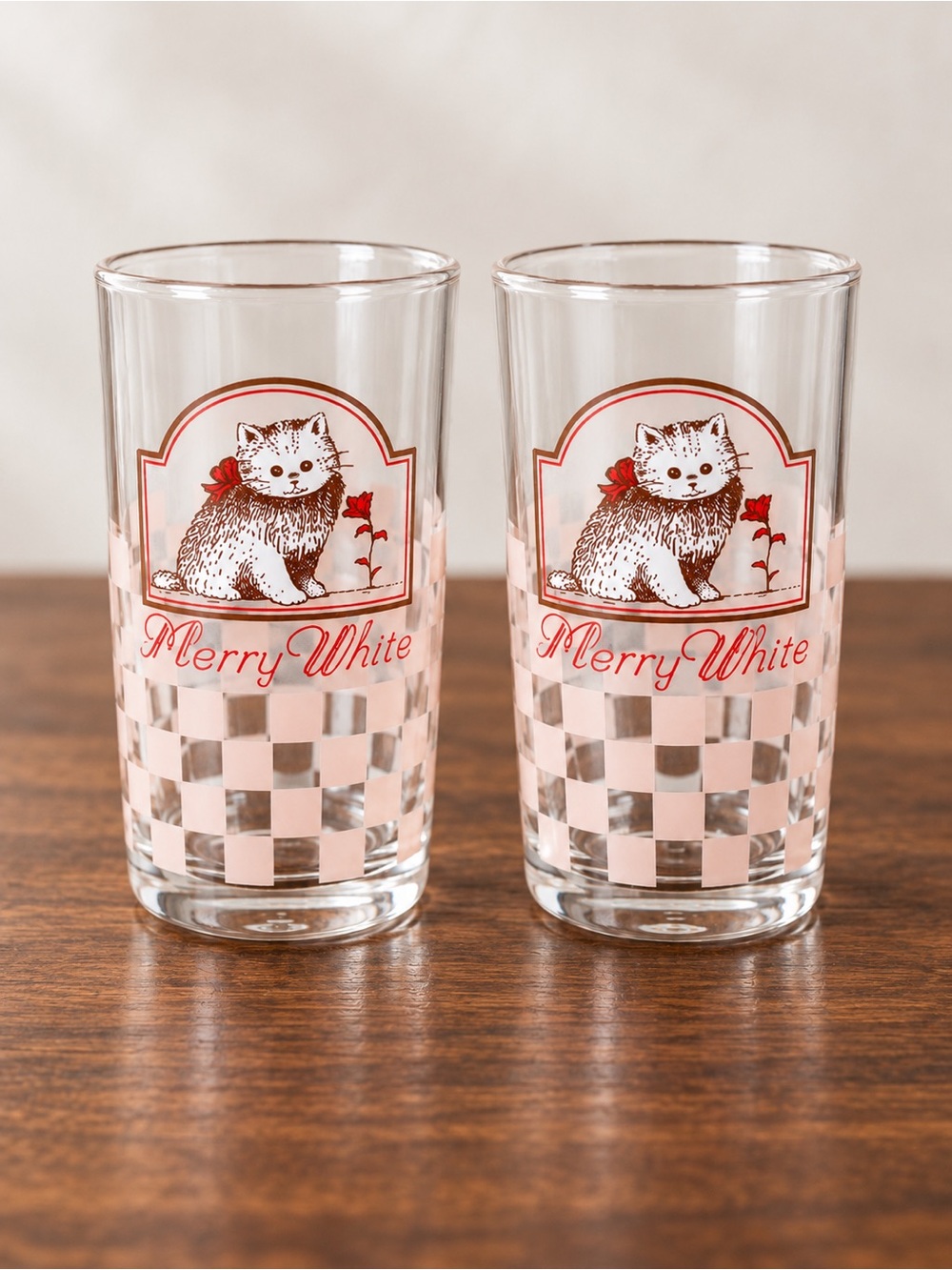 Pair Kitten Cat Juice Glasses Tumblers Pink Checkerboard Merry White 4.5” Retro